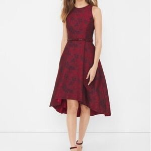 White House Black Market: Burgundy Floral Jacquard High-Low Dress